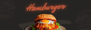 Fekete stílusú hamburger grafika erőteljes tipográfiával, modern hangulattal és karakteres utcai megjelenéssel